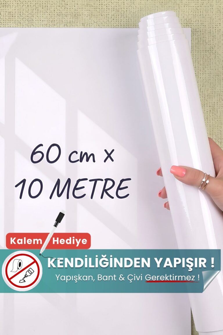 60 cm x 10 metre beyaz kes-kullan statik kağıt yazı tahtası rulosu – duvara yapışkansız tutunur, kalem hediyeli, kolayca silinir