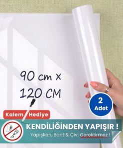 90x120 cm beyaz statik kağıt yazı tahtası – duvara yapışkansız tutunur, kalem hediyeli, kolayca silinir