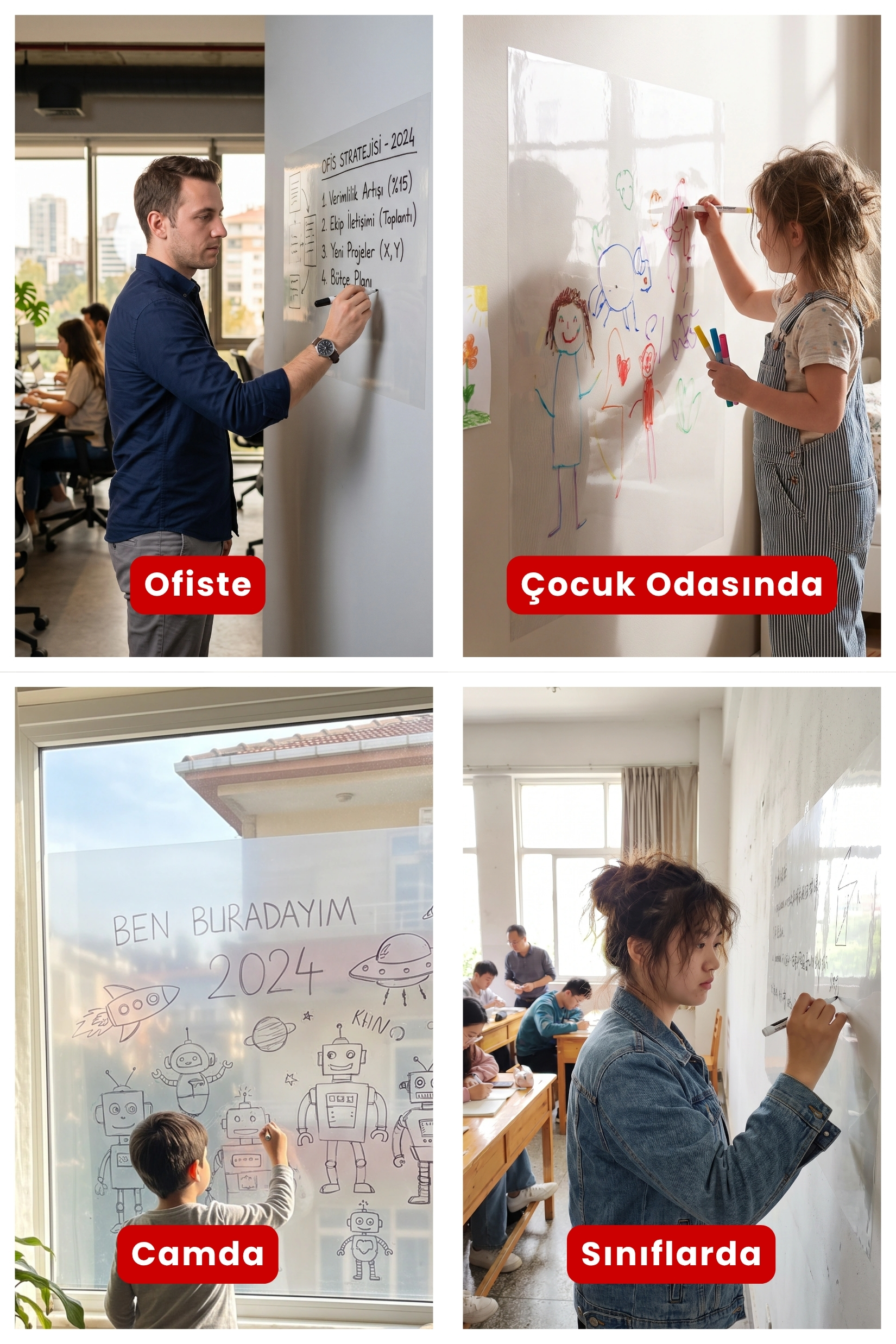 Beyaz statik yazı tahtası ofis, çocuk odası, cam ve sınıf kullanım örnekleri
