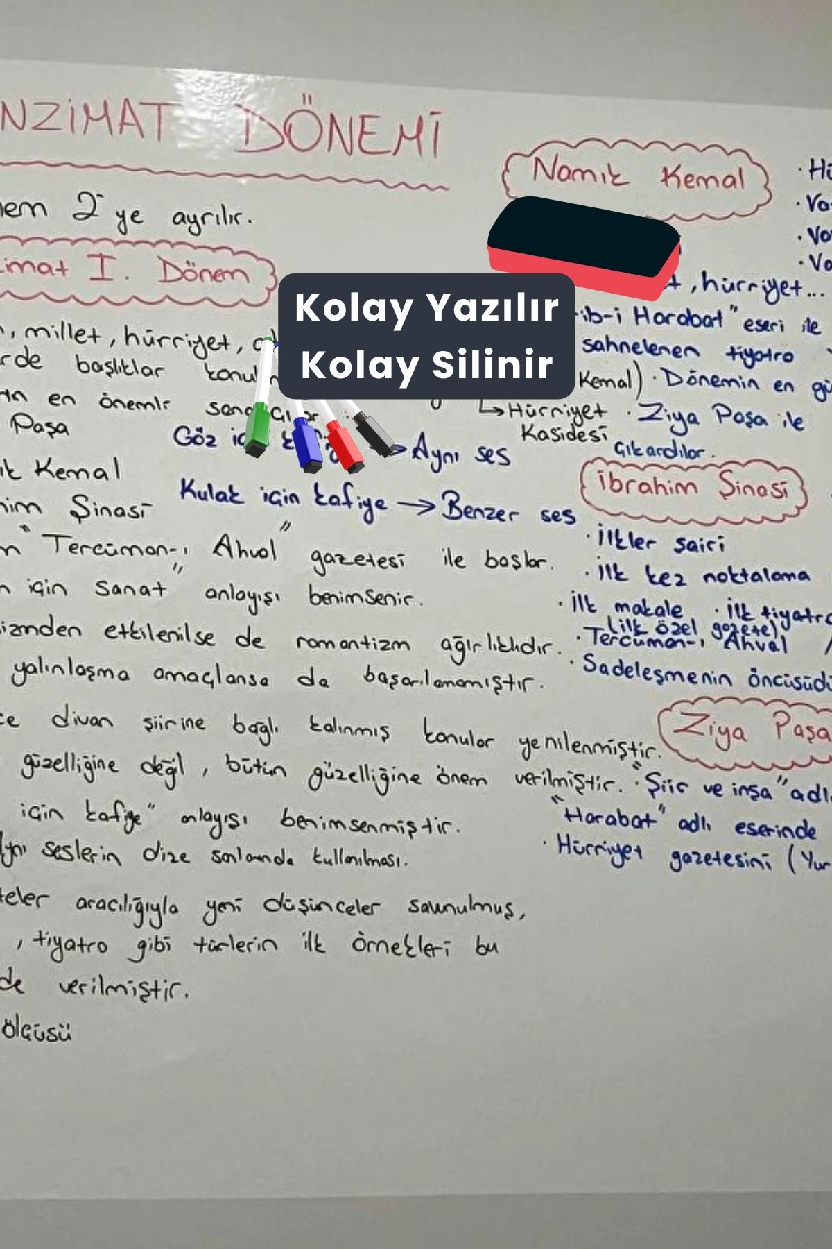 Beyaz statik kağıt yazı tahtasına yazılan ders notları, kalemle kolayca silinir