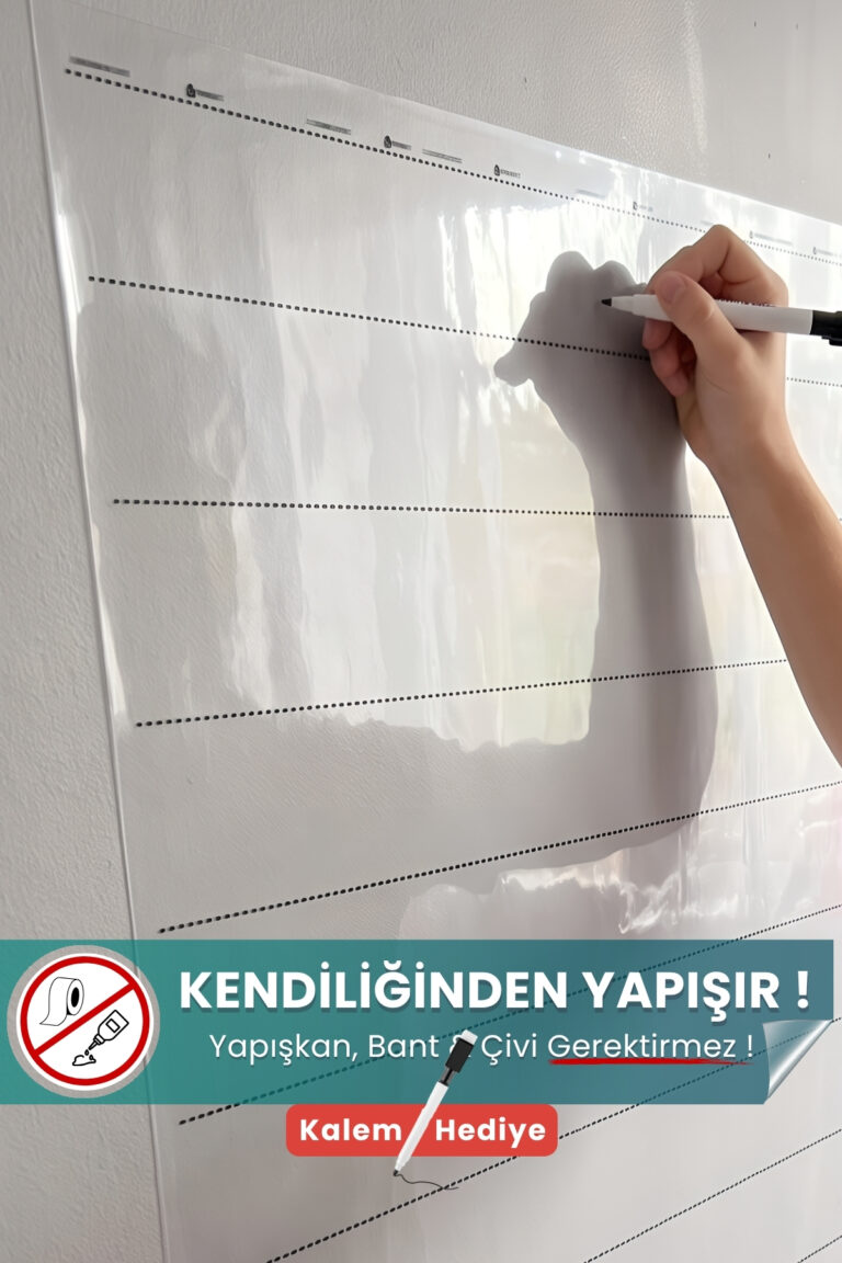 100x150 cm çizgi çalışması şeffaf statik kağıt yazı tahtası – duvara yapışkansız tutunur, kalem hediyeli, kolayca silinir