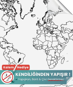 Ülke sınırları olan dilsiz dünya haritası, 95 x 150 cm ölçüsünde şeffaf statik kağıt üzerine baskılı ve yaz-sil uygundur.