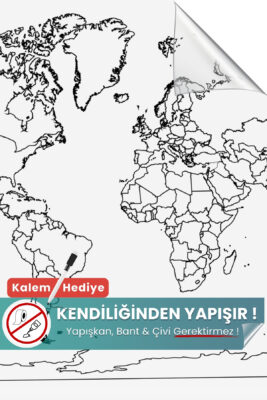 Ülke sınırları olan dilsiz dünya haritası, 95 x 150 cm ölçüsünde şeffaf statik kağıt üzerine baskılı ve yaz-sil uygundur.
