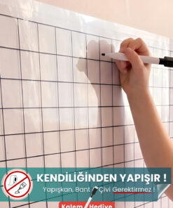100x120 cm kareli şeffaf statik kağıt yazı tahtası – duvara yapışkansız tutunur, kalem hediyeli, kolayca silinir