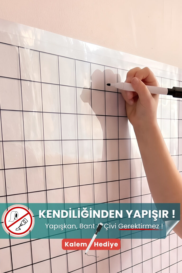 100x120 cm kareli şeffaf statik kağıt yazı tahtası – duvara yapışkansız tutunur, kalem hediyeli, kolayca silinir