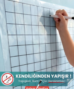 120x150 cm kareli şeffaf statik kağıt yazı tahtası – duvara yapışkansız tutunur, kalem hediyeli, kolayca silinir