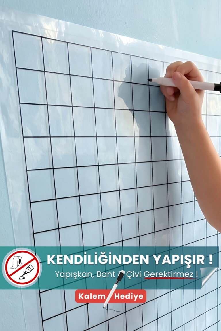 120x150 cm kareli şeffaf statik kağıt yazı tahtası – duvara yapışkansız tutunur, kalem hediyeli, kolayca silinir