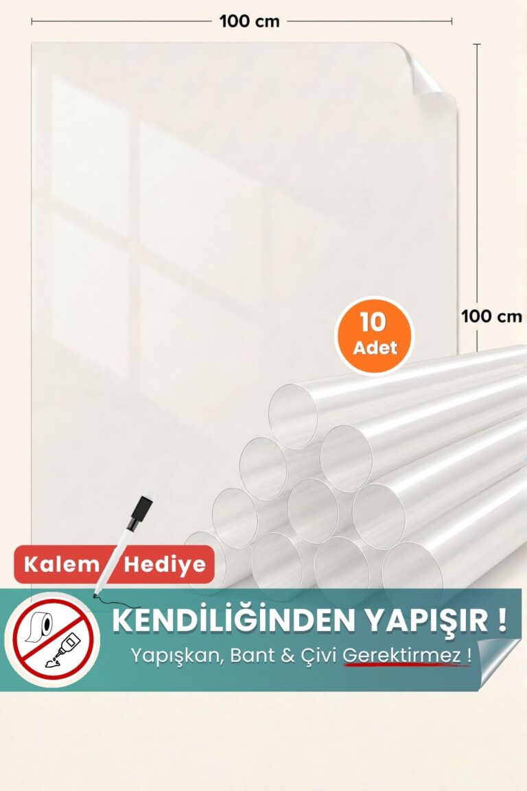 100x100 cm şeffaf statik kağıt yazı tahtası 10'lu set – duvara yapışkansız tutunur, kalem hediyeli, kolayca silinir