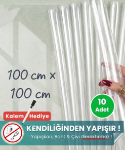 100x100 cm şeffaf statik kağıt yazı tahtası 10'lu set – duvara yapışkansız tutunur, kalem hediyeli, kolayca silinir