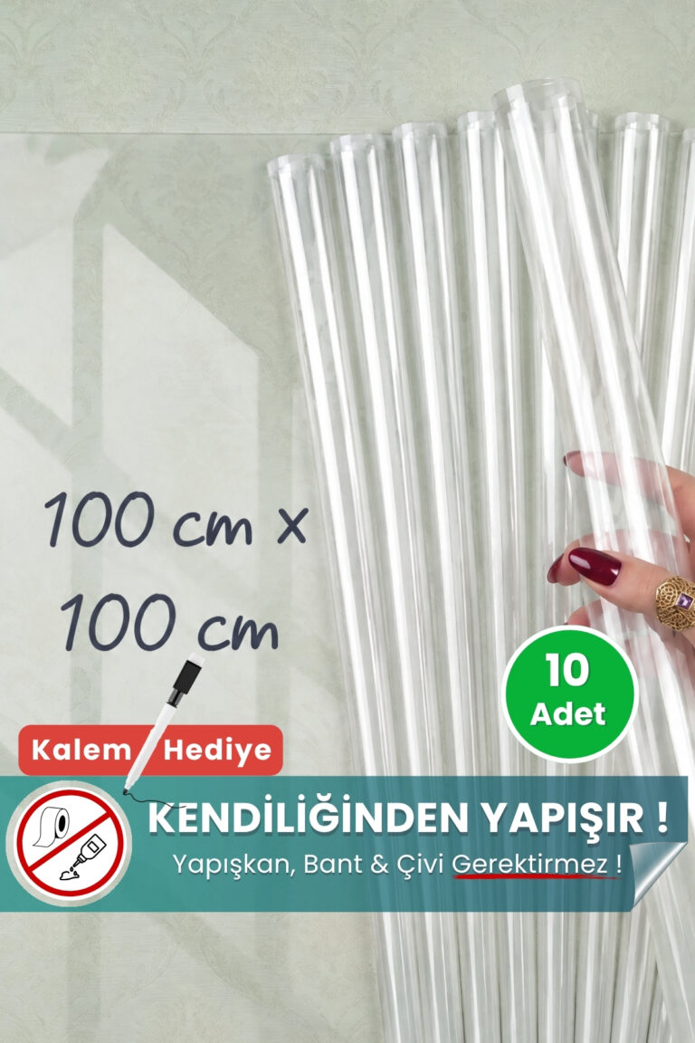 100x100 cm şeffaf statik kağıt yazı tahtası 10'lu set – duvara yapışkansız tutunur, kalem hediyeli, kolayca silinir