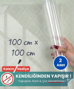100x100 cm şeffaf statik kağıt yazı tahtası – duvara yapışkansız tutunur, kalem hediyeli, kolayca silinir