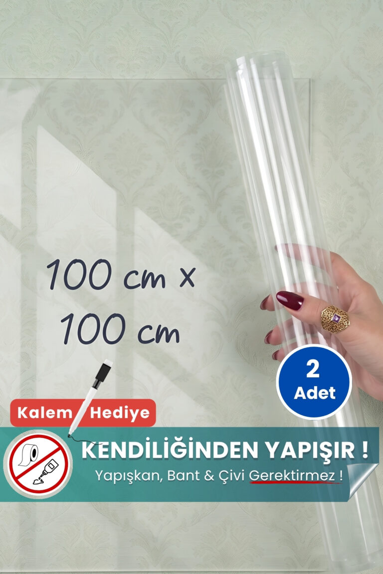 100x100 cm şeffaf statik kağıt yazı tahtası – duvara yapışkansız tutunur, kalem hediyeli, kolayca silinir