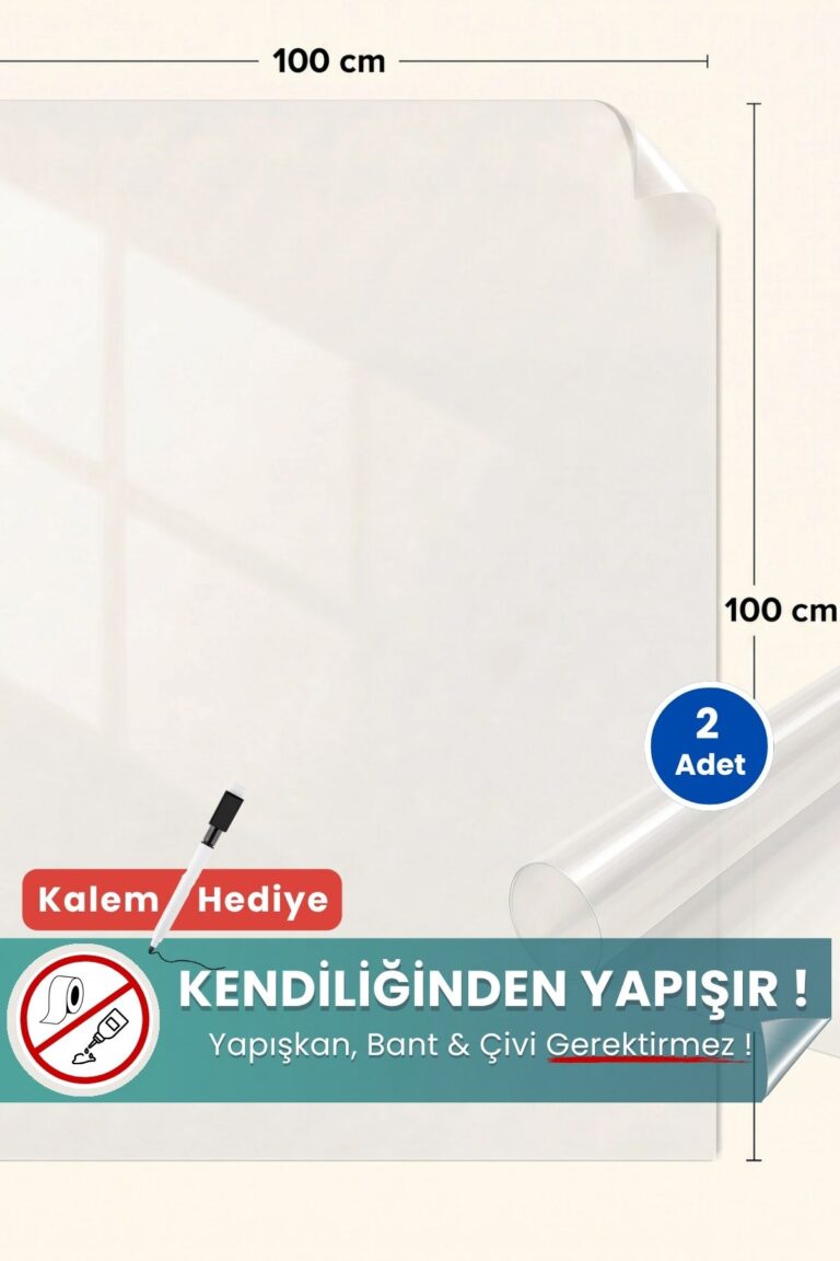 100x100 cm şeffaf statik kağıt yazı tahtası – duvara yapışkansız tutunur, kalem hediyeli, kolayca silinir