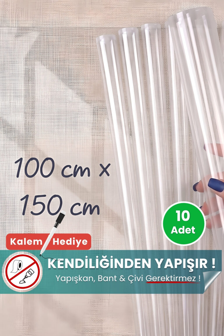100x150 cm şeffaf statik kağıt yazı tahtası 10'lu set – duvara yapışkansız tutunur, kalem hediyeli, kolayca silinir