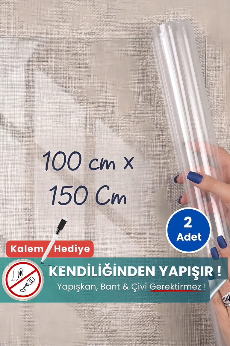 100x150 cm şeffaf statik kağıt yazı tahtası – duvara yapışkansız tutunur, kalem hediyeli, kolayca silinir
