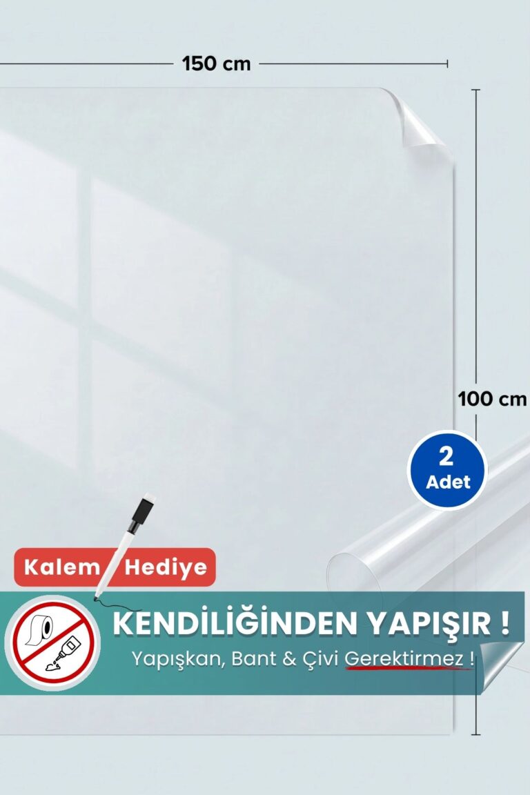 100x150 cm şeffaf statik kağıt yazı tahtası – duvara yapışkansız tutunur, kalem hediyeli, kolayca silinir