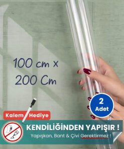100x200 cm şeffaf statik kağıt yazı tahtası – duvara yapışkansız tutunur, kalem hediyeli, kolayca silinir