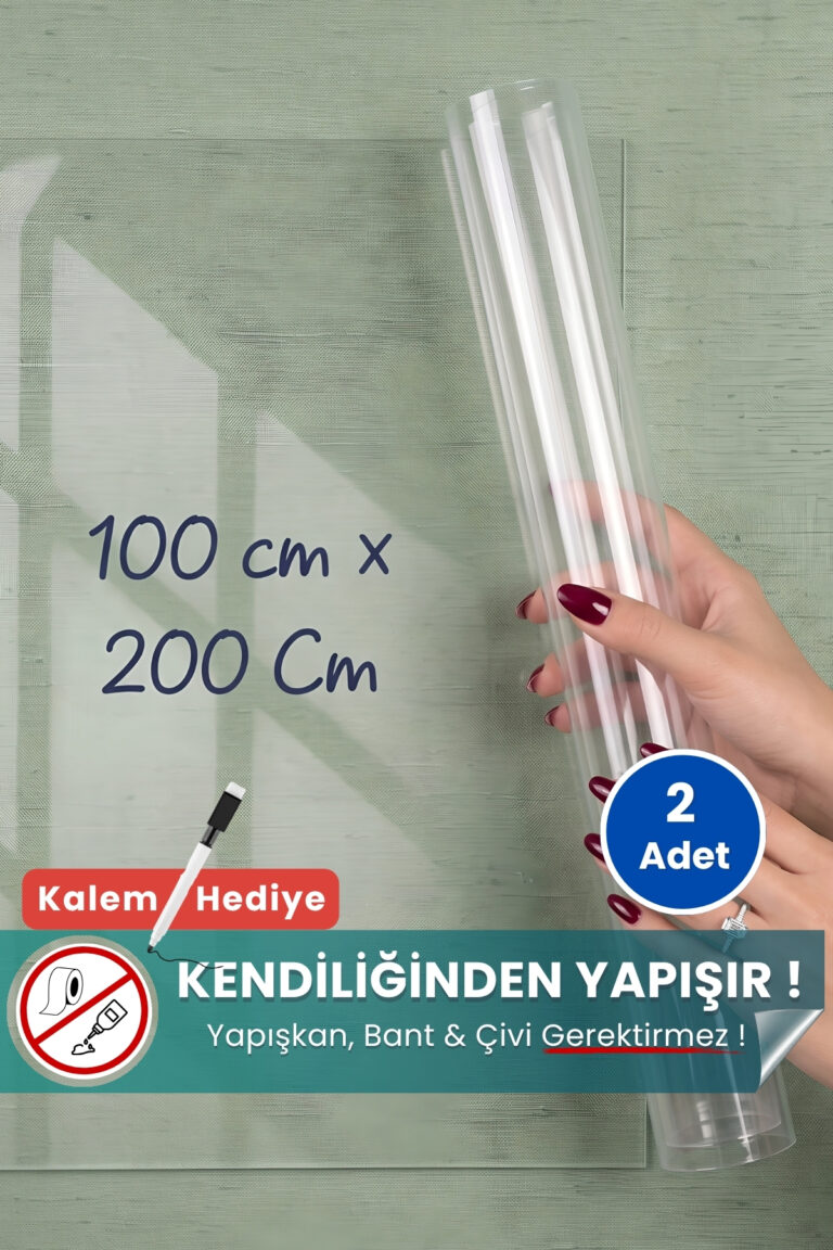 100x200 cm şeffaf statik kağıt yazı tahtası – duvara yapışkansız tutunur, kalem hediyeli, kolayca silinir