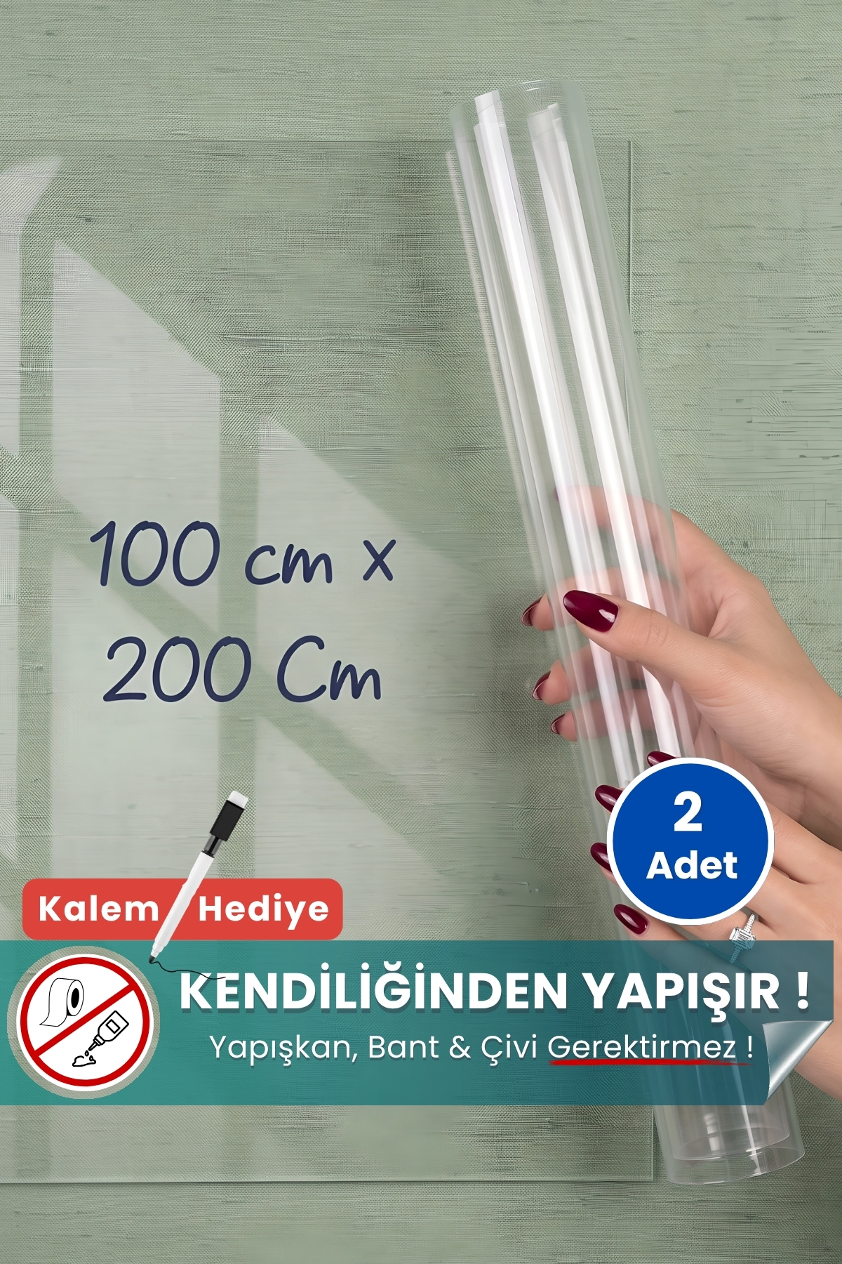 100x200 cm şeffaf statik kağıt yazı tahtası – duvara yapışkansız tutunur, kalem hediyeli, kolayca silinir