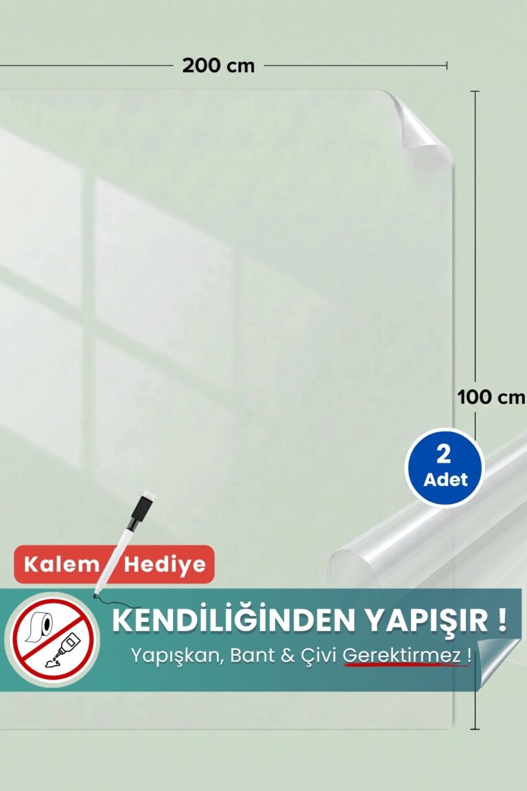 100x200 cm şeffaf statik kağıt yazı tahtası – duvara yapışkansız tutunur, kalem hediyeli, kolayca silinir