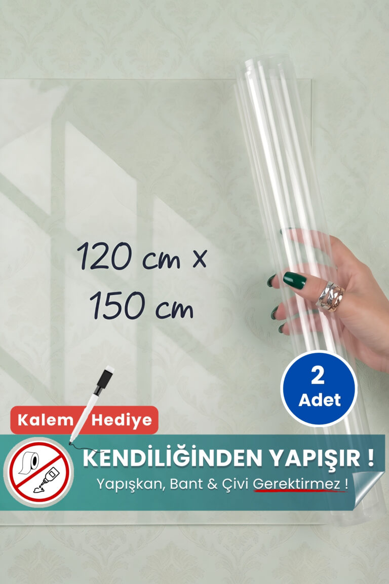 120x150 cm şeffaf statik kağıt yazı tahtası – duvara yapışkansız tutunur, kalem hediyeli, kolayca silinir