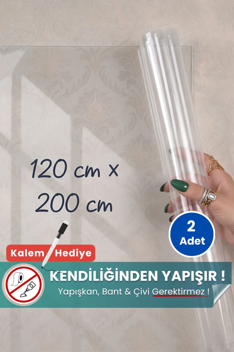 120x200 cm şeffaf statik kağıt yazı tahtası – duvara yapışkansız tutunur, kalem hediyeli, kolayca silinir
