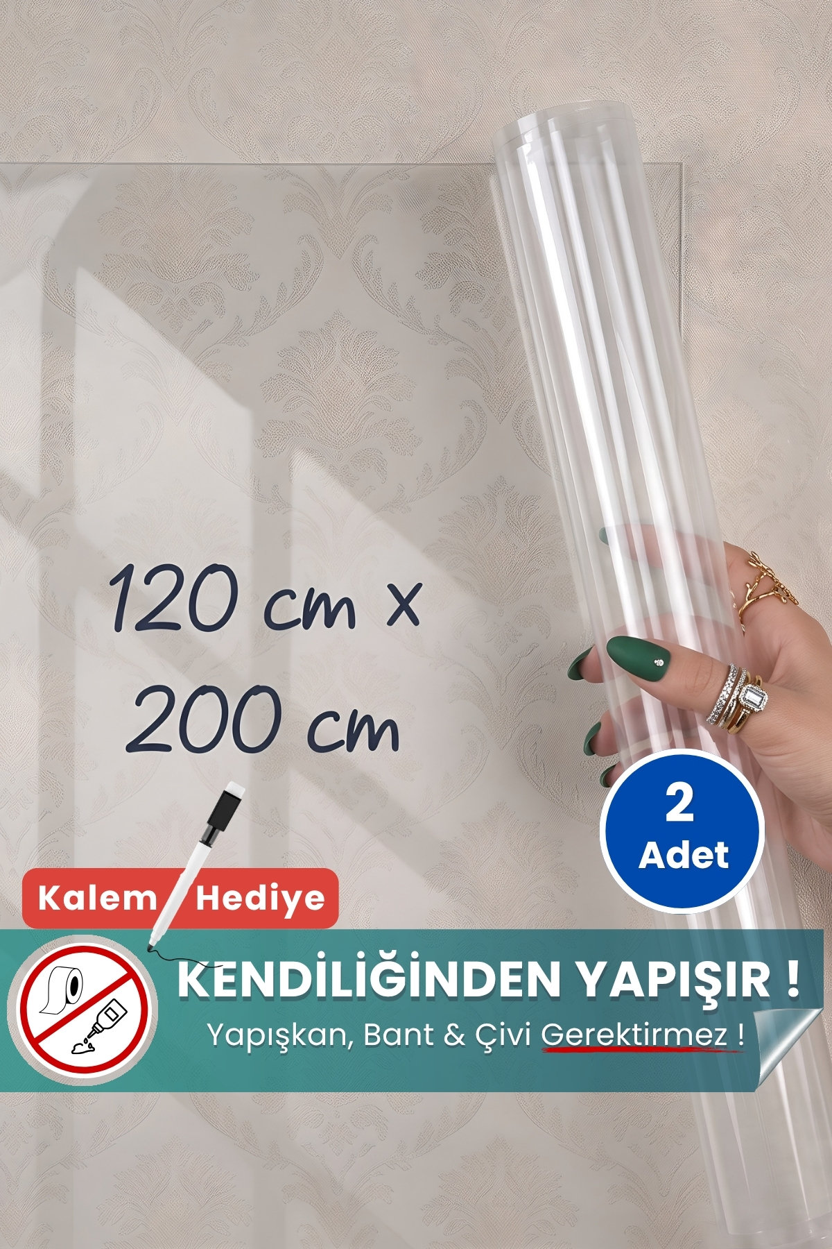 120x200 cm şeffaf statik kağıt yazı tahtası – duvara yapışkansız tutunur, kalem hediyeli, kolayca silinir