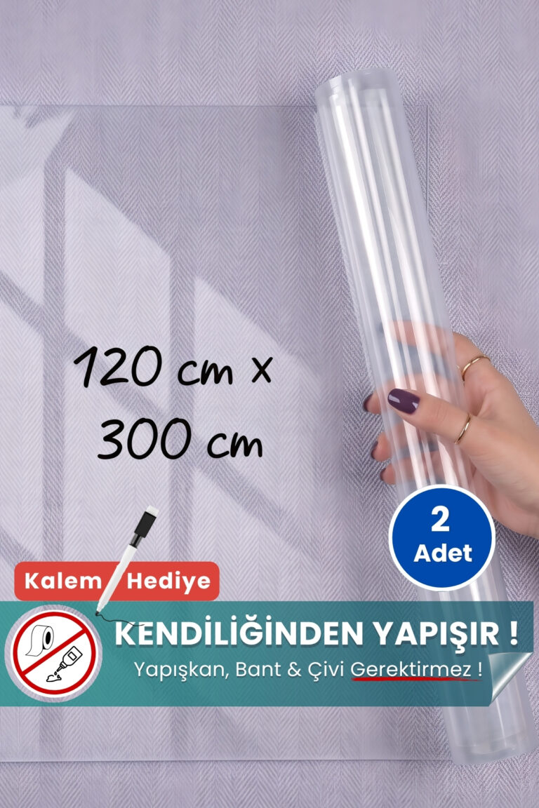120x300 cm şeffaf statik kağıt yazı tahtası – duvara yapışkansız tutunur, kalem hediyeli, kolayca silinir