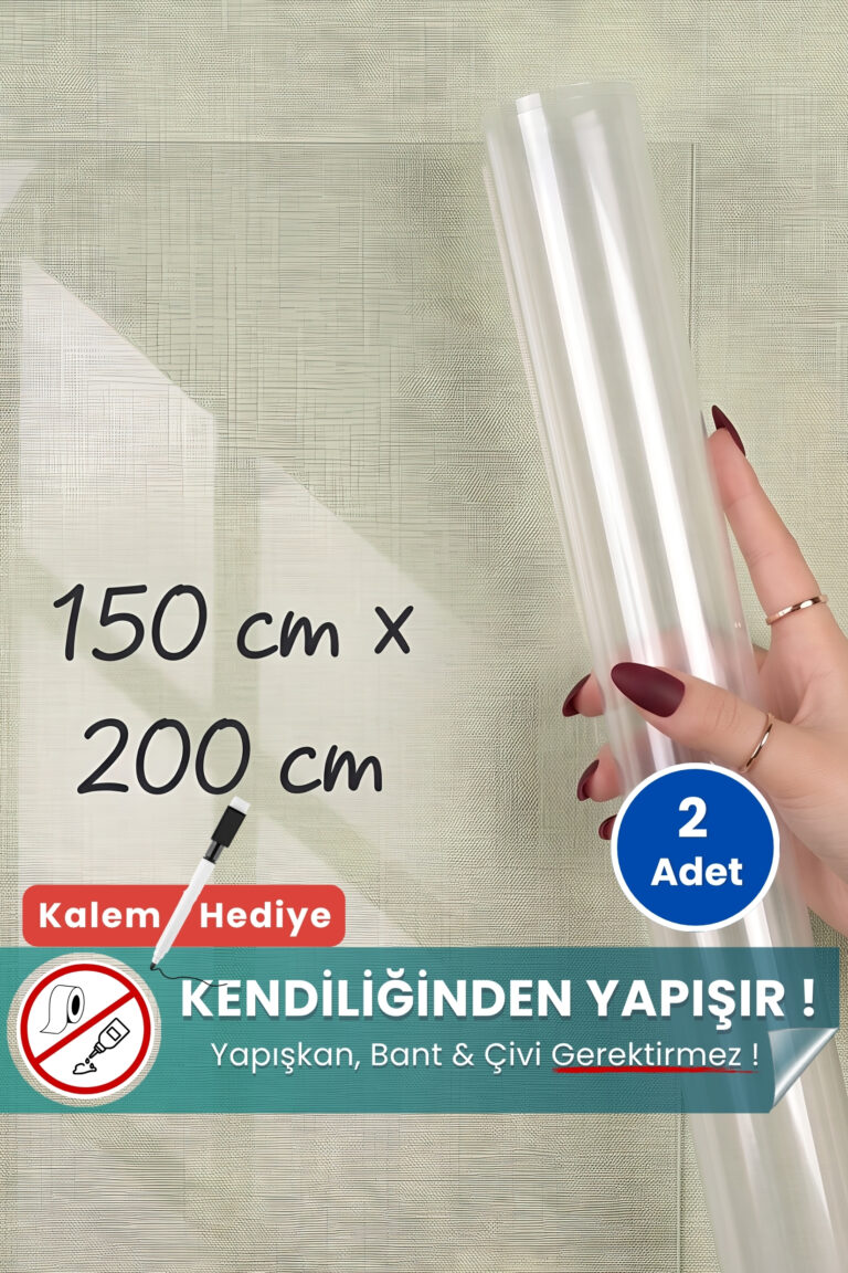 150x200 cm şeffaf statik kağıt yazı tahtası – duvara yapışkansız tutunur, kalem hediyeli, kolayca silinir