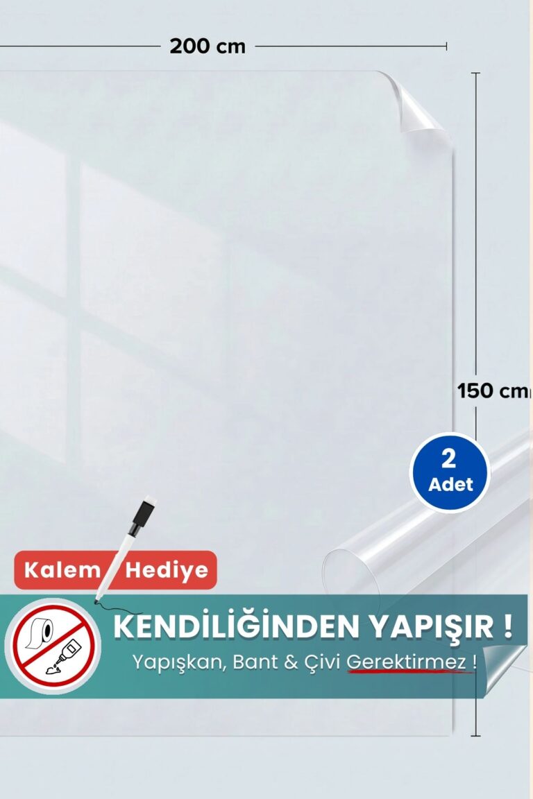 150x200 cm şeffaf statik kağıt yazı tahtası – duvara yapışkansız tutunur, kalem hediyeli, kolayca silinir
