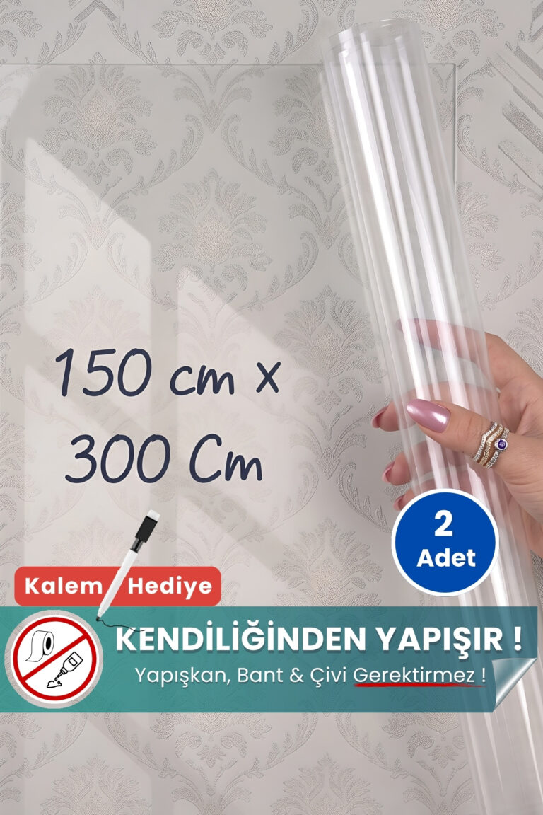 150x300 cm şeffaf statik kağıt yazı tahtası – duvara yapışkansız tutunur, kalem hediyeli, kolayca silinir