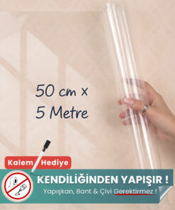 50x500 cm şeffaf statik kağıt yazı tahtası – duvara yapışkansız tutunur, kalem hediyeli, kolayca silinir