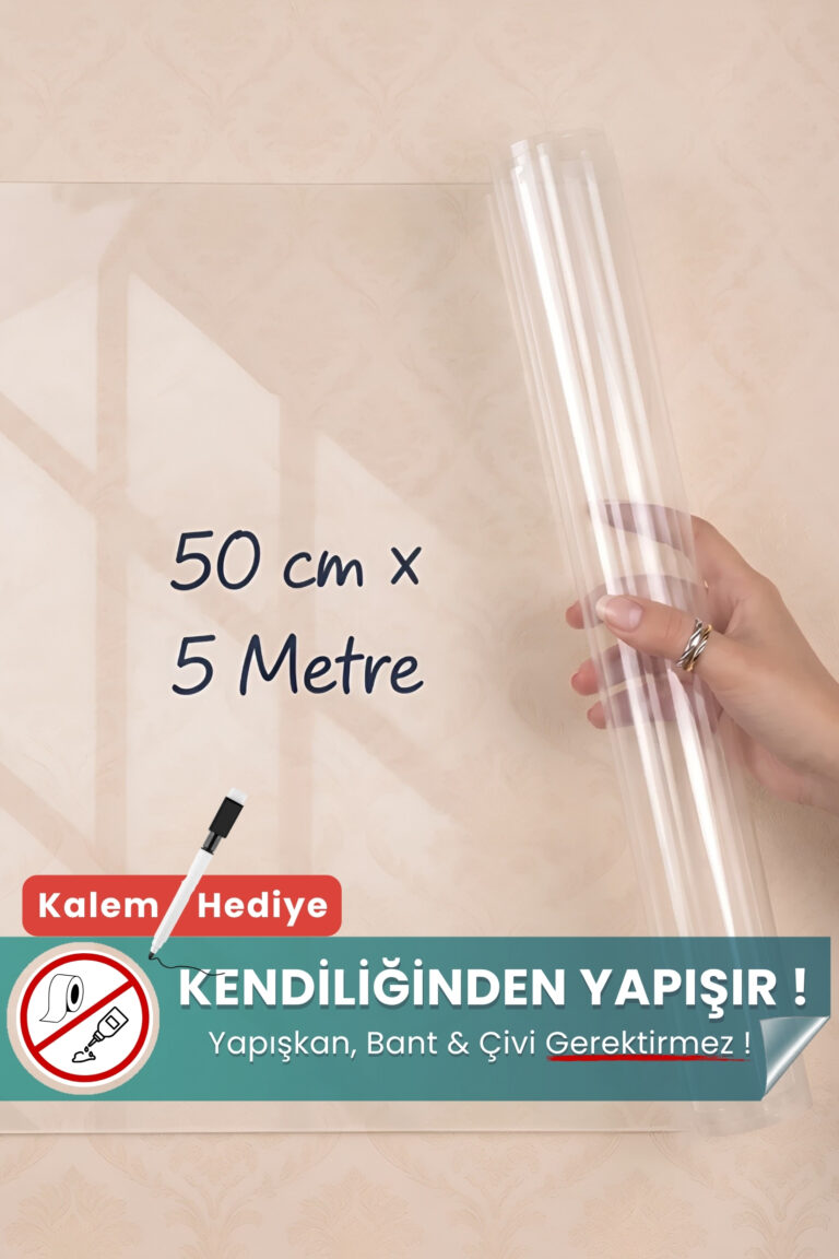 50x500 cm şeffaf statik kağıt yazı tahtası – duvara yapışkansız tutunur, kalem hediyeli, kolayca silinir