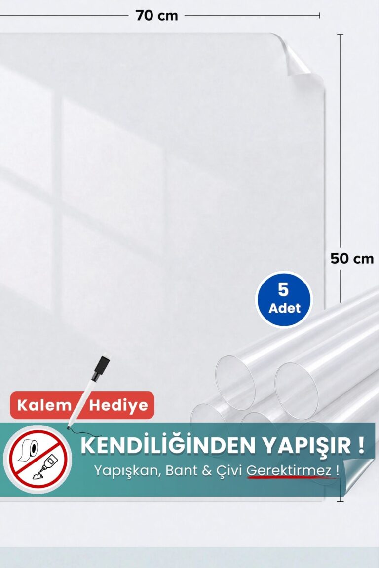 50x70 cm şeffaf statik kağıt yazı tahtası 5'li set – duvara yapışkansız tutunur, kalem hediyeli, kolayca silinir