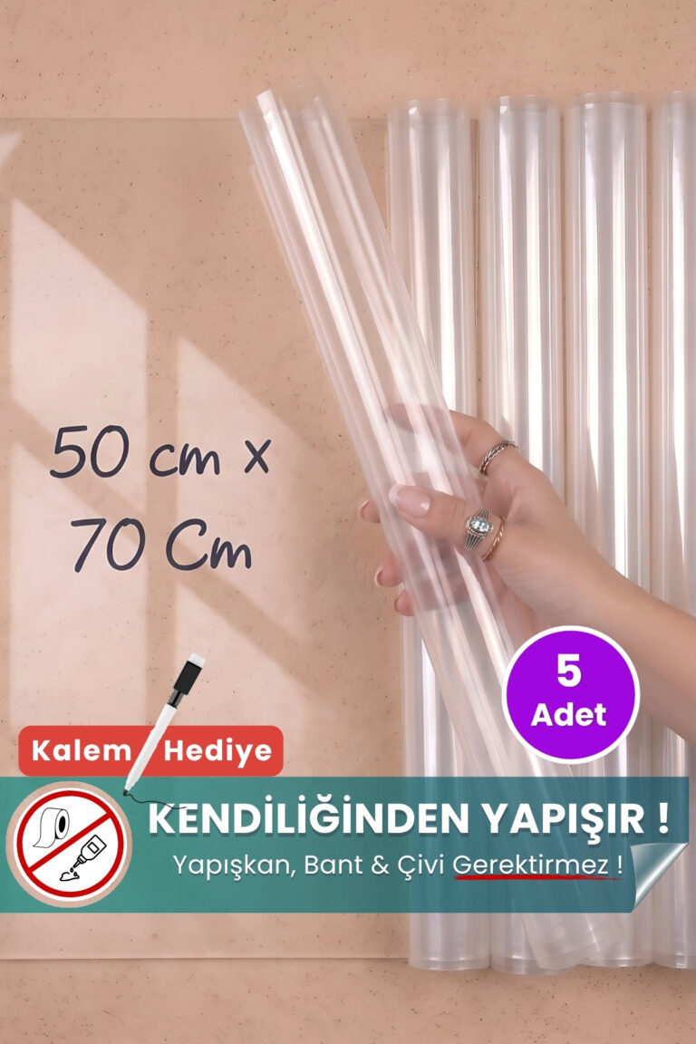 50x70 cm şeffaf statik kağıt yazı tahtası 5'li set – duvara yapışkansız tutunur, kalem hediyeli, kolayca silinir