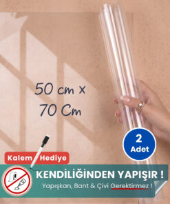50x70 cm şeffaf statik kağıt yazı tahtası – duvara yapışkansız tutunur, kalem hediyeli, kolayca silinir