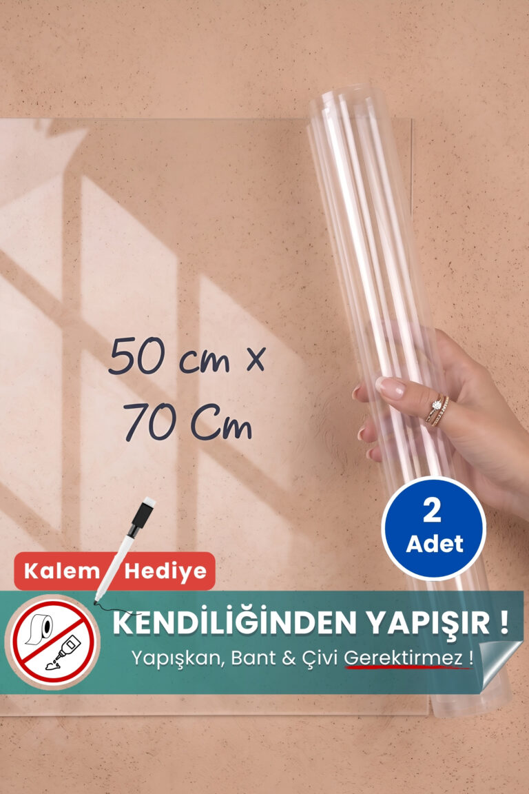 50x70 cm şeffaf statik kağıt yazı tahtası – duvara yapışkansız tutunur, kalem hediyeli, kolayca silinir