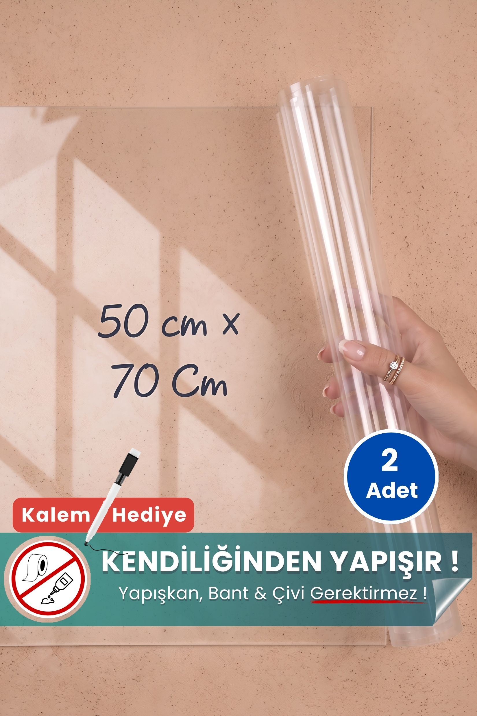 50x70 cm şeffaf statik kağıt yazı tahtası – duvara yapışkansız tutunur, kalem hediyeli, kolayca silinir