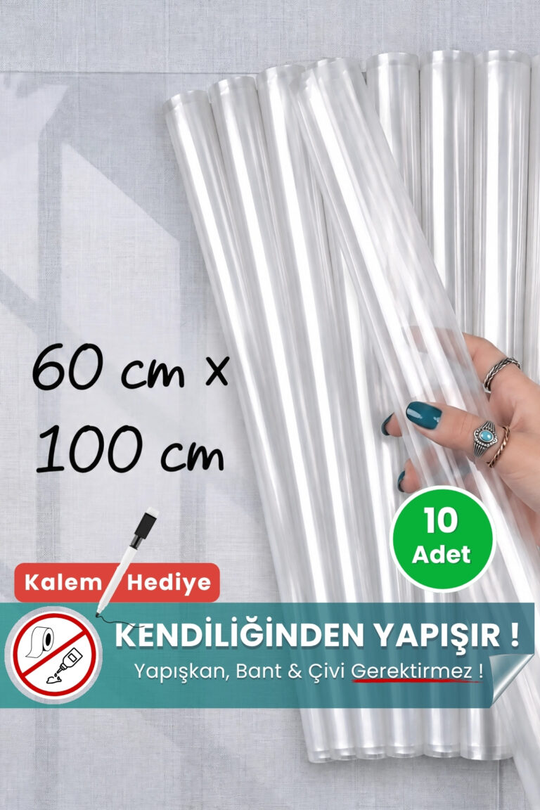 60x100 cm şeffaf statik kağıt yazı tahtası 10'lu set – duvara yapışkansız tutunur, kalem hediyeli, kolayca silinir