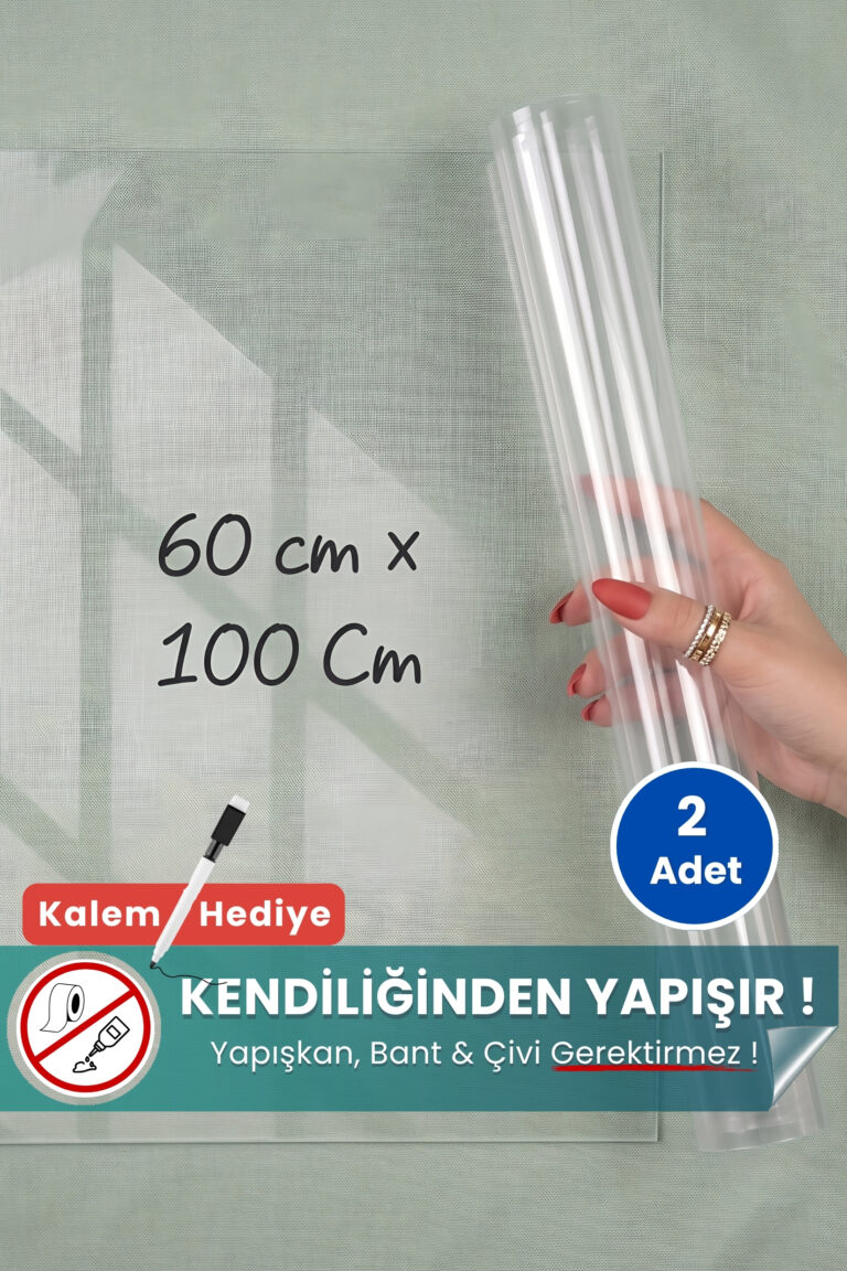 60x100 cm şeffaf statik kağıt yazı tahtası – duvara yapışkansız tutunur, kalem hediyeli, kolayca silinir