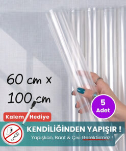 60x100 cm şeffaf statik kağıt yazı tahtası 5'li set – duvara yapışkansız tutunur, kalem hediyeli, kolayca silinir