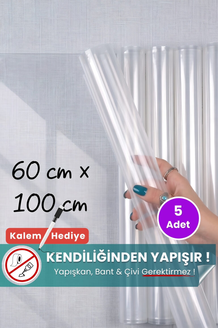 60x100 cm şeffaf statik kağıt yazı tahtası 5'li set – duvara yapışkansız tutunur, kalem hediyeli, kolayca silinir