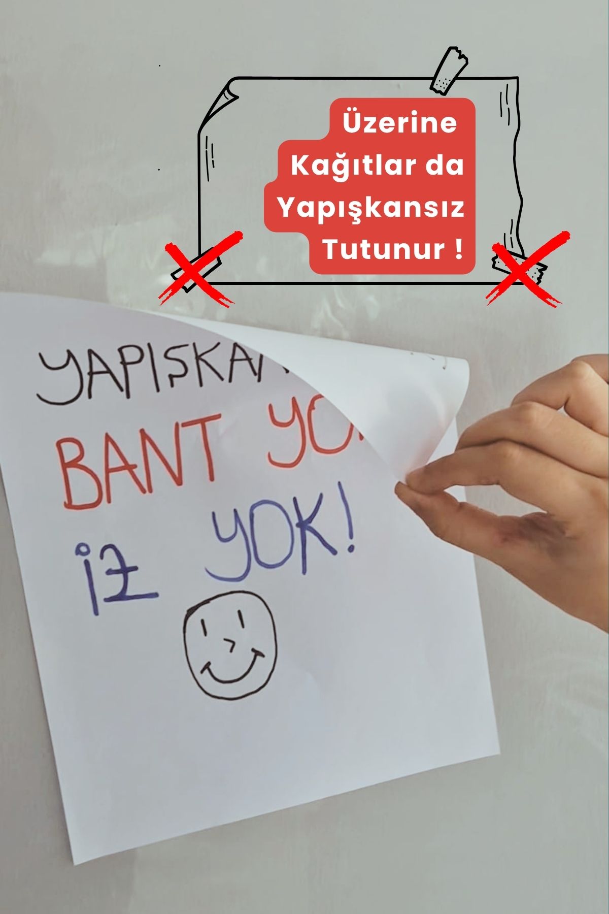 Şeffaf statik kağıt üzerine yapıştırılan not kağıtları bant izi bırakmadan tutunuyor