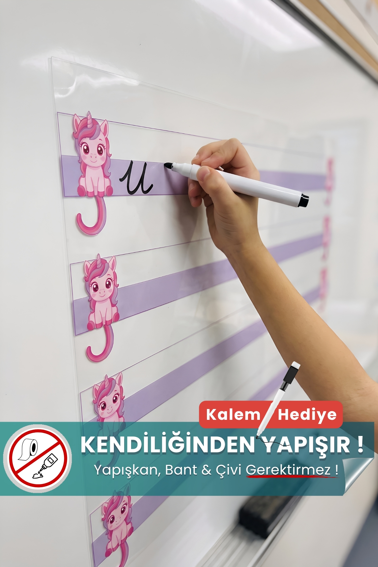 Unicornlu Statik Kağıt Kılavuz Çizgili Yaz-Sil Özellikli - Kalem Hediyeli - Görsel 8