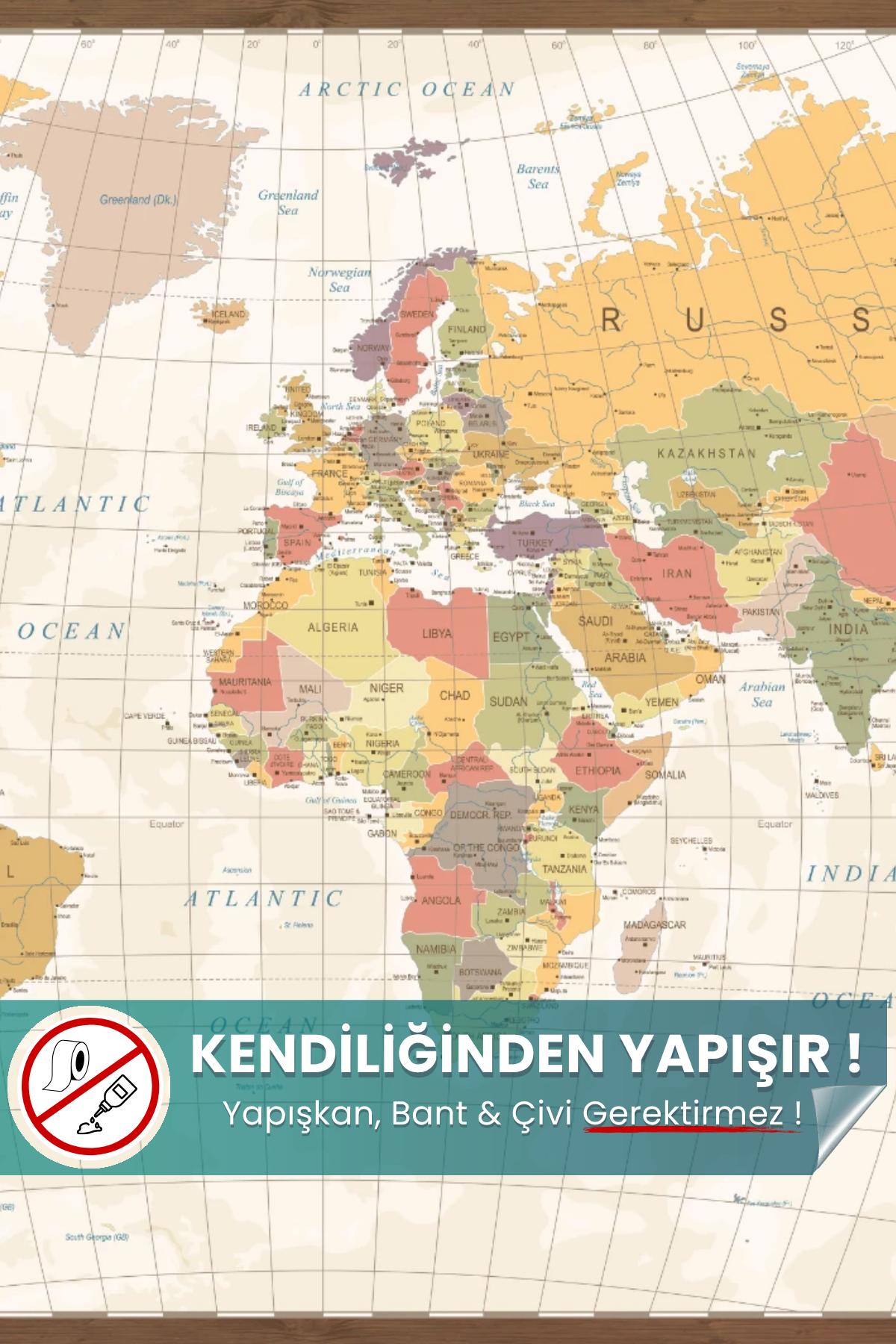 100 x 56 cm ölçülerinde vintage tasarım dünya haritası.